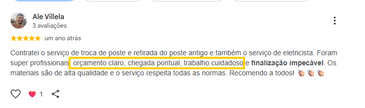 Avaliação de Ale Villela no Google